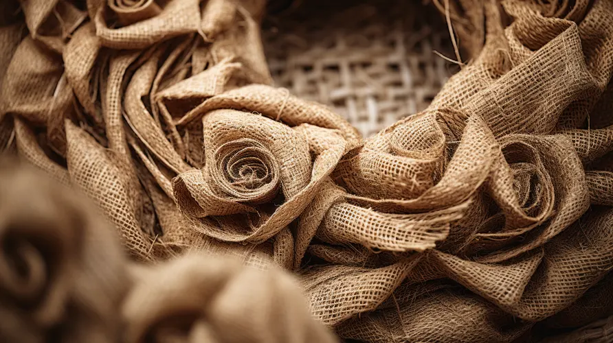 A close up of a burlap wreath showcasing the use of fabrics for wreaths