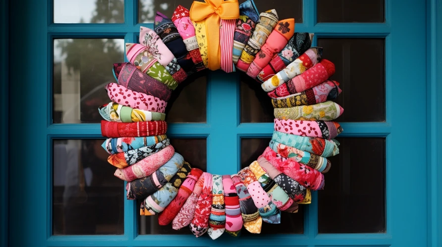 A colorful cotton wreath hangs on a blue door showcasing a beautiful combination of cotton fabrics for wreaths