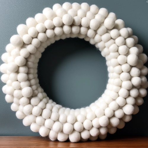 A white felt wreath adorned on a wooden table using fabrics for wreaths
