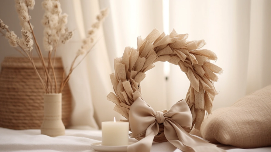 A beige jute wreath on a bed with a candle
