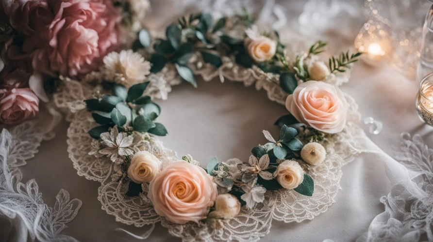 An elegant lace wreath with flowers and leaves