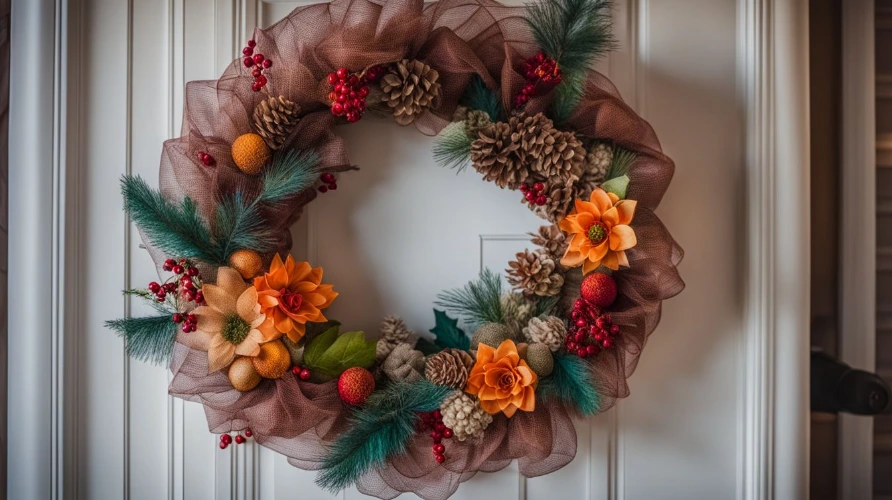 An orange and brown mesh wreath made with fabrics for wreaths hangs on a door