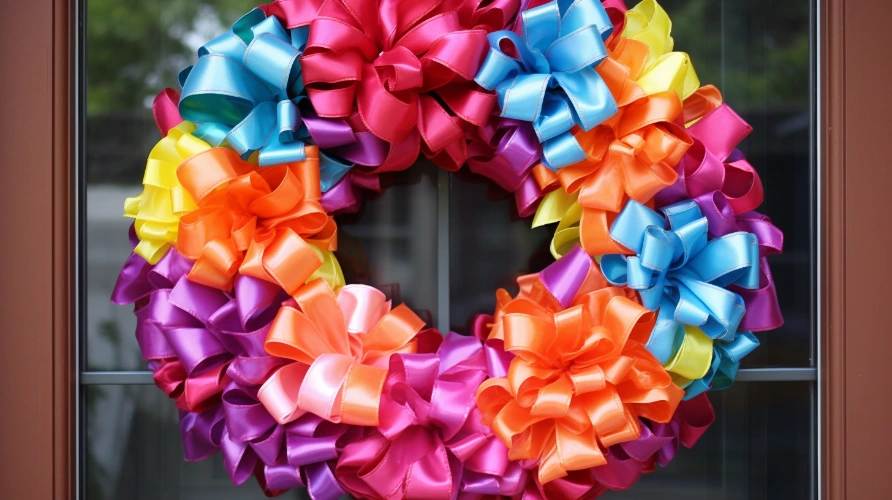 A colorful ribbon wreath hangs on a front door