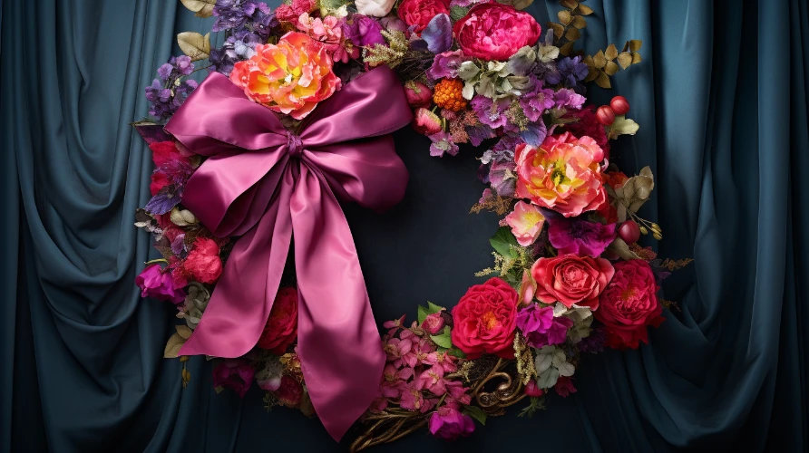 A vibrant wreath with a beautiful satin bow
