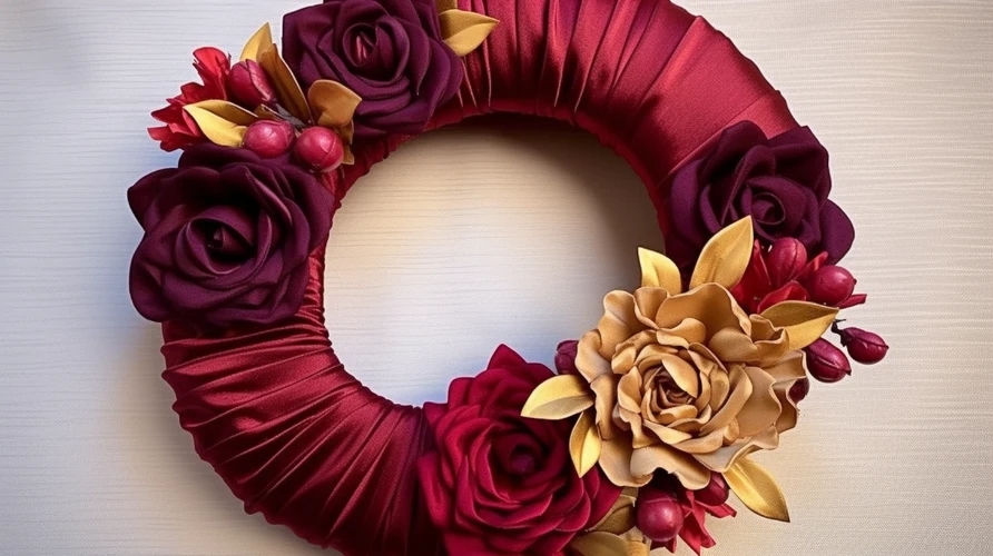 A silk wreath made of burgundy and gold fabric flowers