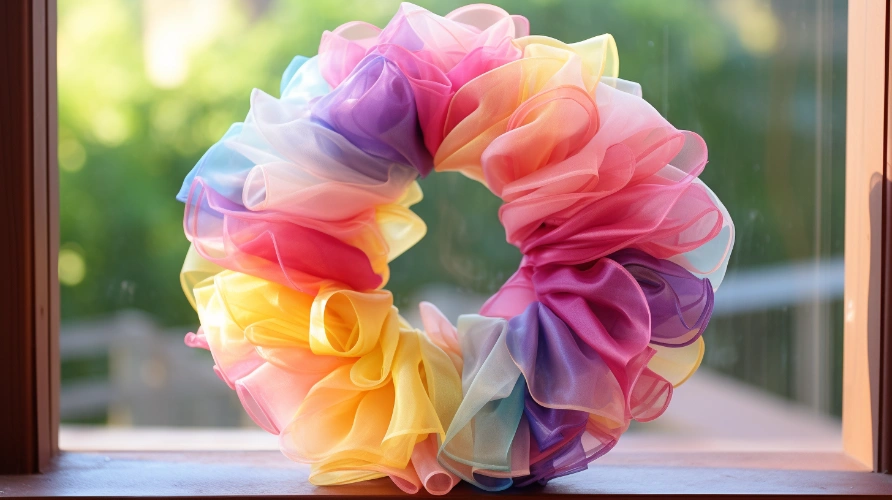 A colorful tulle wreath sits on a window sill