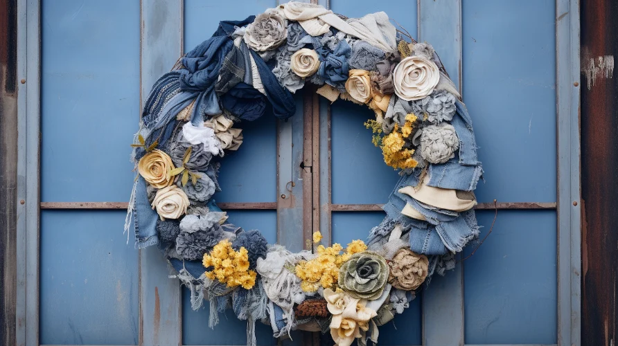 A denim wreath made of leftover fabrics and rags for decorating any door